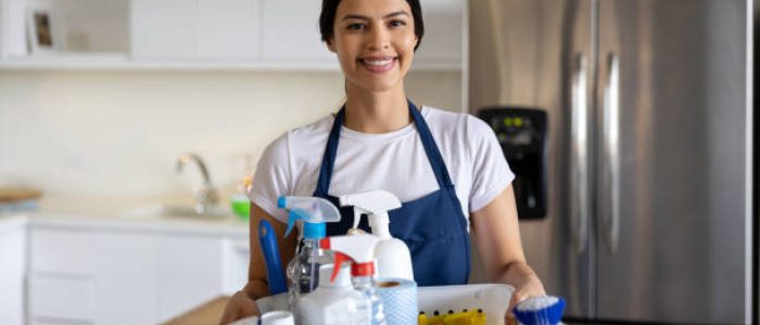 Portrait of a professional cleaner holding a basket of cleaning products and smiling at the camera - housework concepts